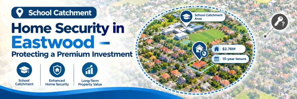 Eastwood school catchment area infographic showing a protected residential property, home security shield, $2.76 million property value, and 15-year tenure.