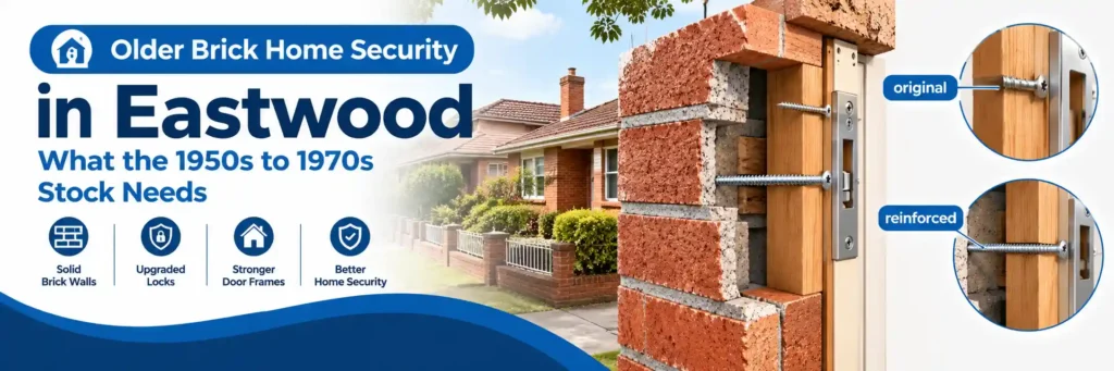 Older brick home security in Eastwood showing a brick wall and timber door frame cutaway with original and reinforced strike plate screws.