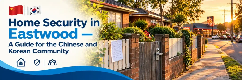 Home security in Eastwood featuring a secured residential gate, brick homes, established gardens, and a local suburban street at golden hour.