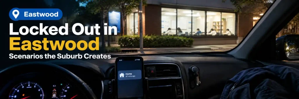 Locked out in Eastwood at night, viewed from inside a parked car outside a brightly lit tuition centre, with a phone notification and an empty key holder.