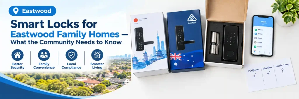 Smart lock product flat lay for Eastwood family homes showing Asian-market smart lock box beside AS/NZS compliant smart lock box and open box with physical key failsafe cylinder and electronic deadbolt unit beside smartphone displaying Chinese-language smart home app interface and handwritten checklist showing Platform tick Weather tick Master key question mark representing compatibility research for Chinese and Korean Eastwood homeowners